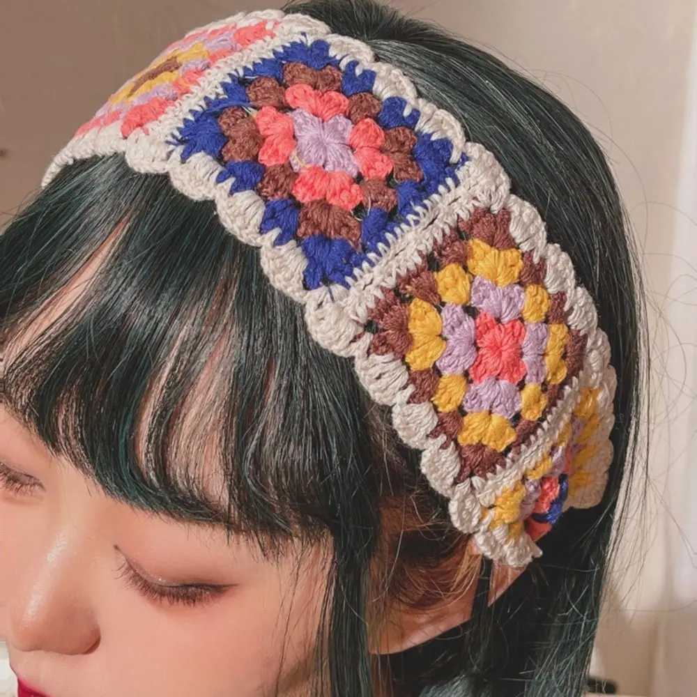 

Vintage Sweet Pastoral Bandana Turban Crochet Hair Scarf Colorful Hairband Knitted Headband for Women Y2K Hair Accessories