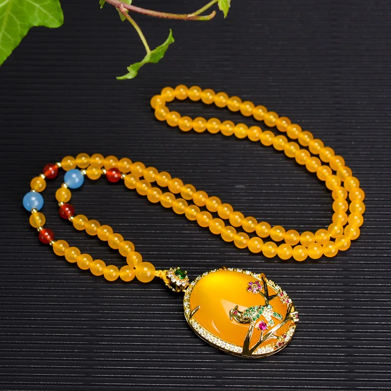 

Natural Yellow Jade Oval Pendant With Emerald Ruby Cloisonne Magpie Plum Beaded Necklace Sweater Chain Fashion Charms Jewellery