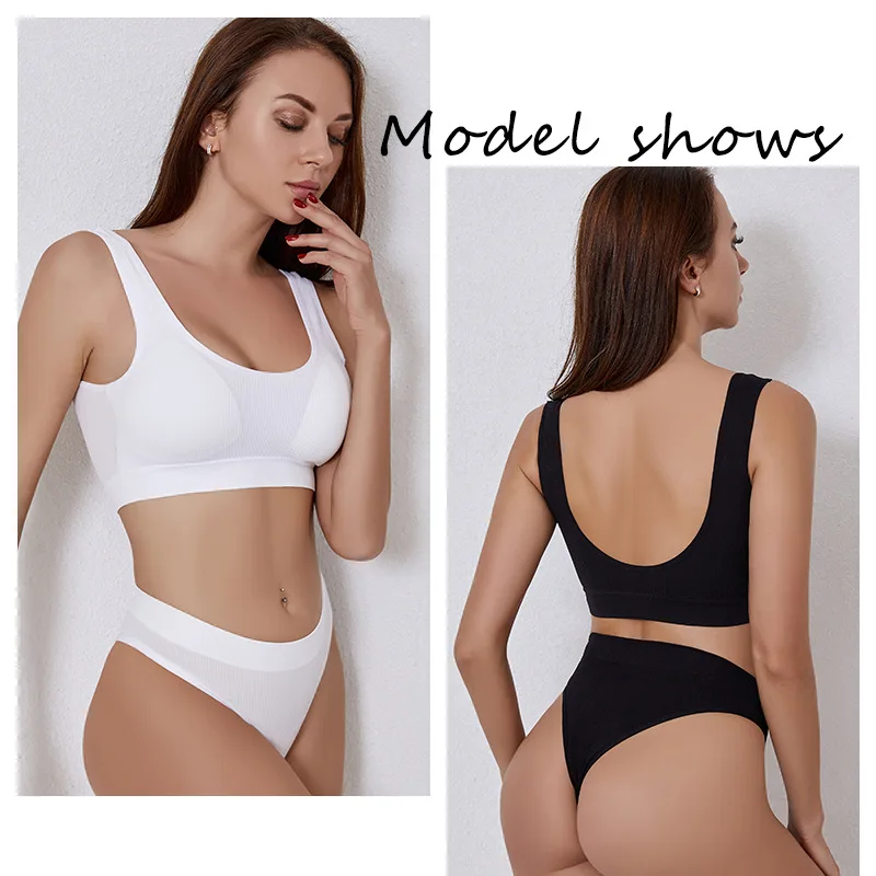 

2022 Sexy Seamless Tops Set Low Waist Panties Women Wire Free Underwear Suit Soft Padded Bras Set Backless Bralette Lingerie