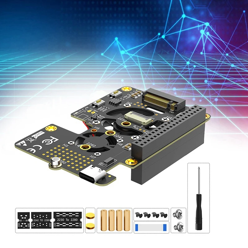 Для Raspberry Pi 5 Pcie To M.2 Nvme SSD HAT 3в1 с двойным вентилятором Gen2 Gen3 для 2230 2242 2260 2280 M-Key