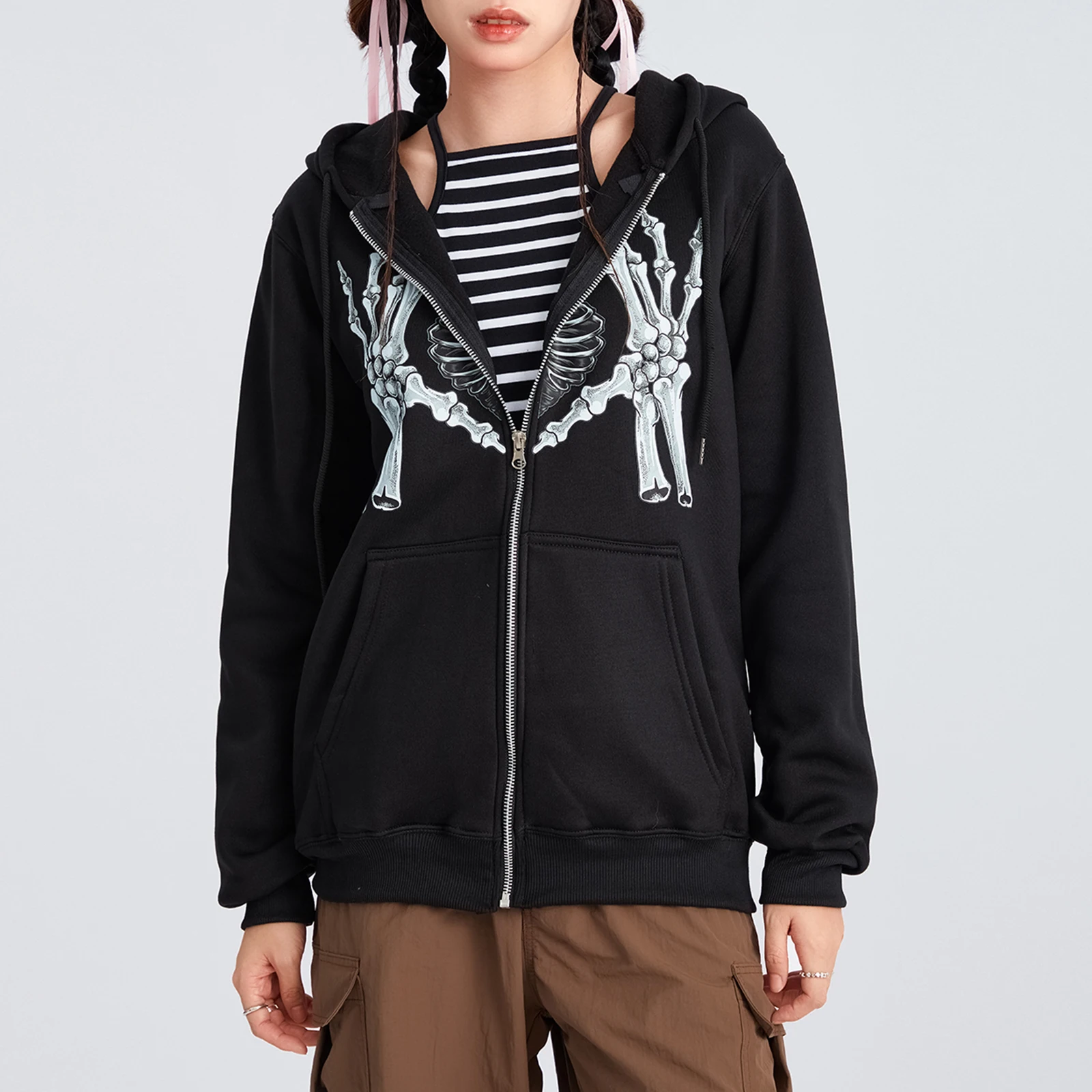 

Gothic Sweatshirt Woman 2000s Skeleton Hands Heart Print Long Sleeve Tops with Pockets y2k Cyber Punk Clothes Halloween Jacket