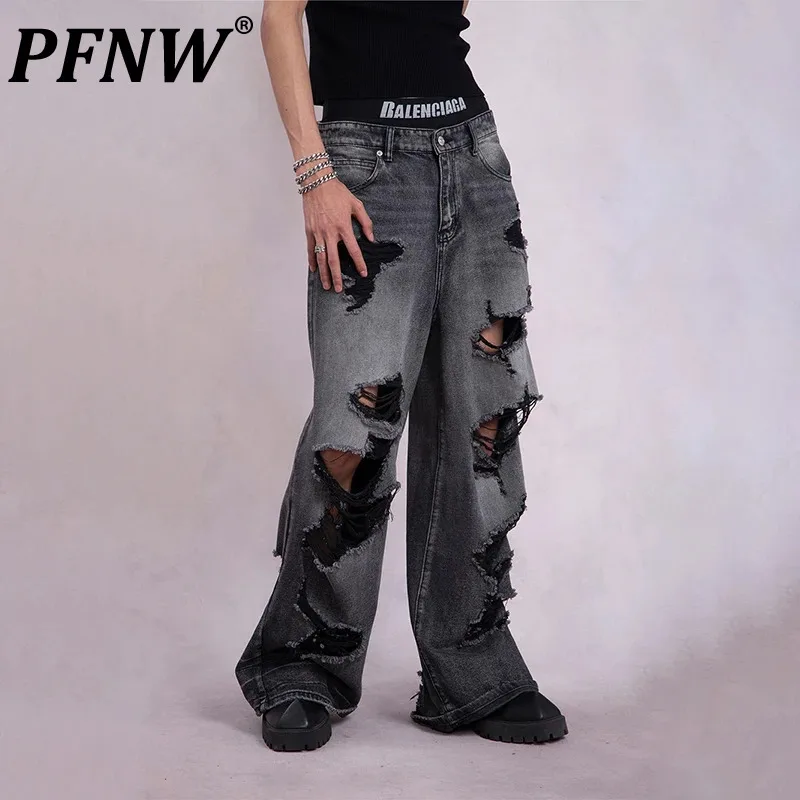 

PFNW Men's Niche Vintage Straight Wide Leg Hole Retro Jeans Women High Street Drape Washing Punk Tide Chic Denim Pants 12Z5476