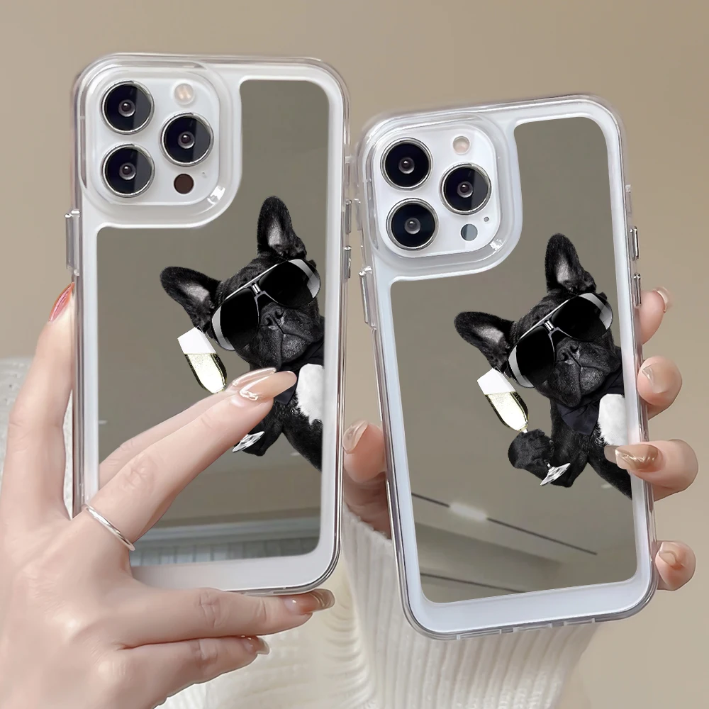 

Cool Funny Bulldog Mirror Phone Case for IPhone 11 14 ProMax Plus 13Pro Mini 12Pro 11Pro Max Transparent Soft Acrylic Cover