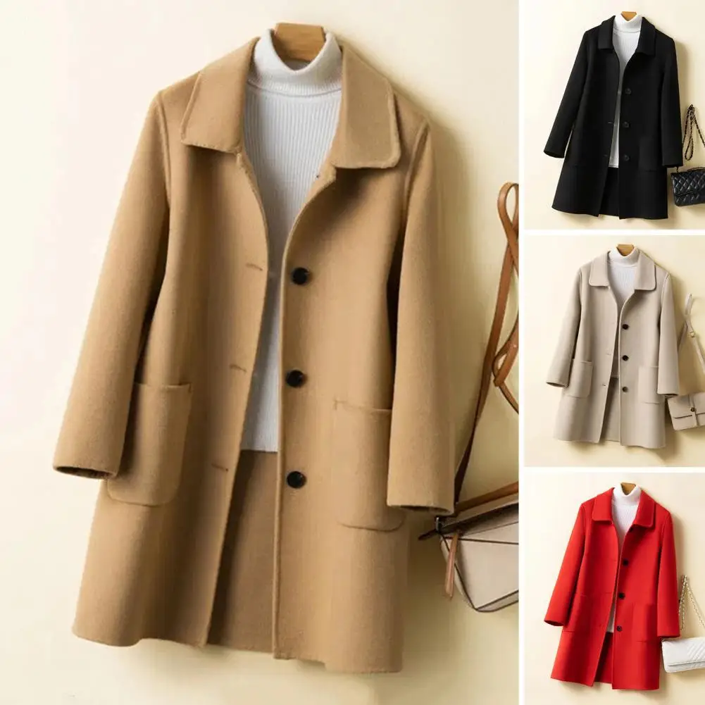 

Женское шерстяное однобортное пальто, стильное пальто средней длины с отложным воротником и карманами, теплое однотонное пальто для осени и зимы