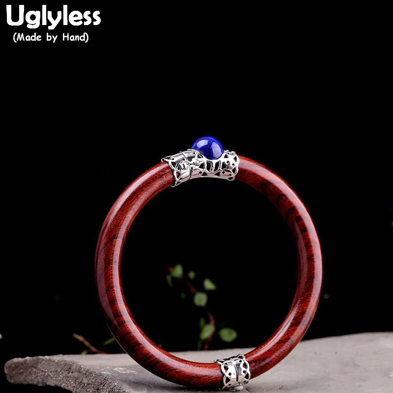 

Uglyless Ethnic Sandalwood Bangles for Women Vintage Lapis Open Wood Bangle Real 925 Sterling Silver Buckle Fine Jewelry BA668