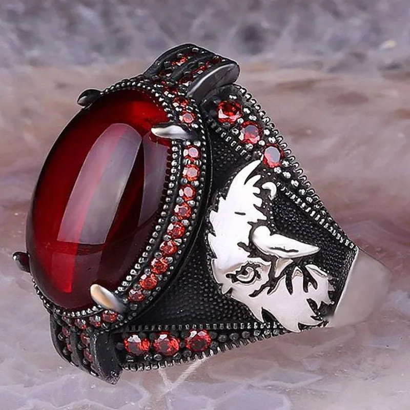 

Turkish Red Gem Eagle Men's Ring New Punk Party Ring European and American Fashion Personality High-end Business Jewelry