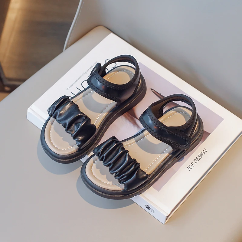 

Cool Britain Style Girls Sandals Pleated Classic 2023 New Casual Non-slip Kids Platform Shoes Versatile Hook & Loop Hook & Loop