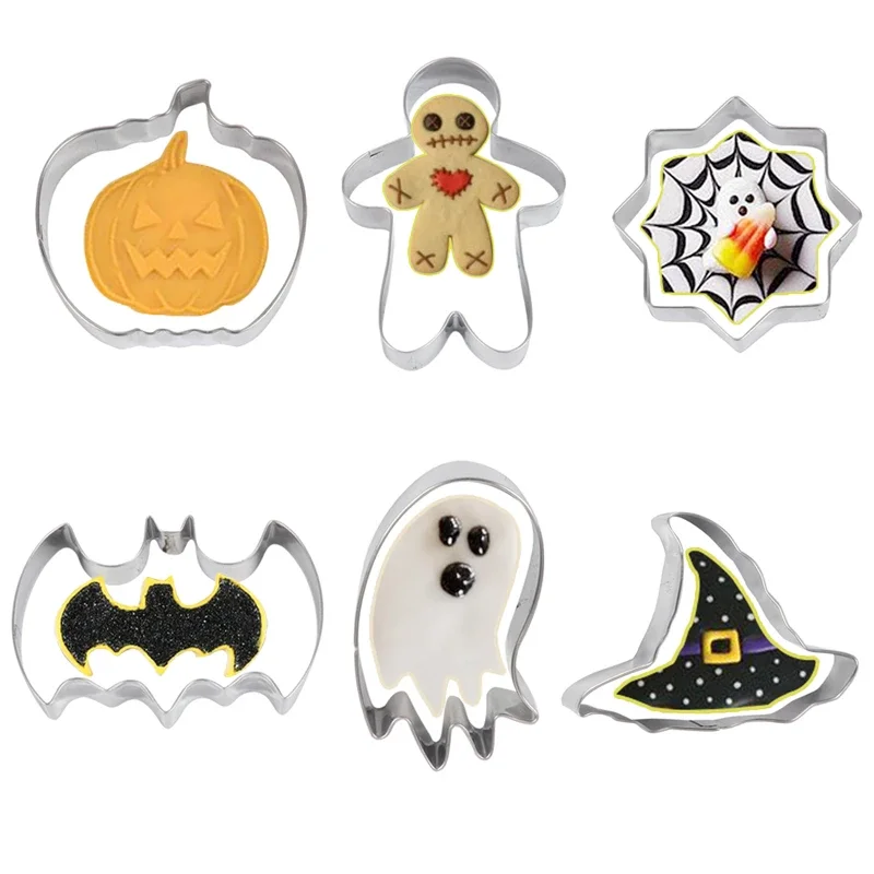 

6Pcs/set Halloween Metal Cookie Cutters Cartoon Pressable Biscuit Mold Cookie Stamp Kitchen Baking Mould Pastry Bakeware Tool