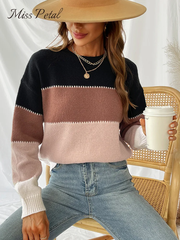

Striped Colorblock Round Neck Sweater For Women Casual Long Sleeve Knitted Top 2023 Autumn Winter Pullover Tops Knitwear