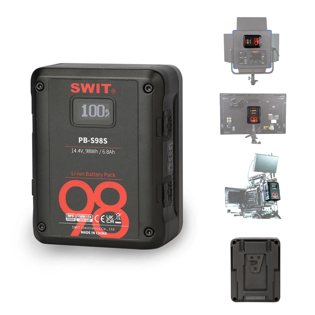 SWIT PB-S98S 98Wh Multi-sockets Square V Mount Digital Battery For Cine-cameras, Max 150W, 12A Load, 2× D-tap Output Sockets