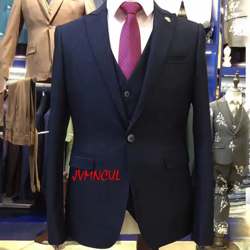 

Tailored Navy Blue Men Suits for Wedding Slim Fit Groom Tuxedos Groomsmen Blazers Jacket Prom Peaked 3 Piece Terno Masculino