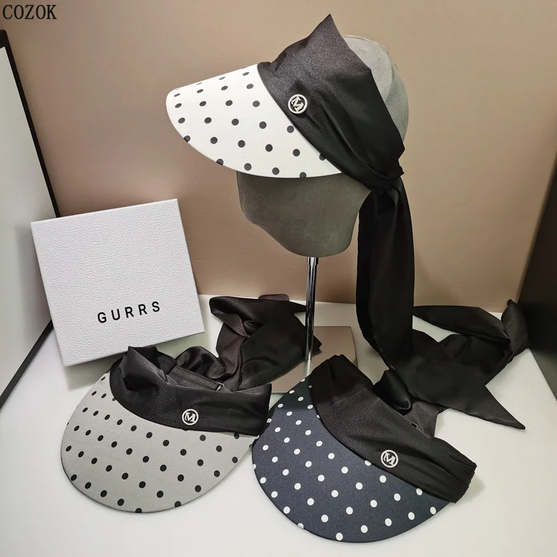 

2022 Summer The New Elegant Intellectual Polka Dot Black Ribbon Empty Top Hat Women Fashion Trend Polyester Breathable Cap Gorra
