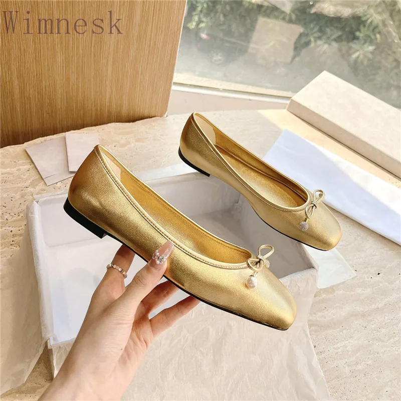 

Балетки женские из натуральной кожи, выразительные, без застежки, с квадратным носком, жемчужный декор, бант, мягкая обувь на плоской подошве, весна