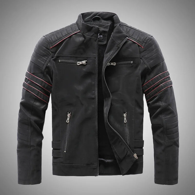 

Мотоциклетные кожаные куртки, Мужская мотоциклетная куртка из искусственной кожи, мужское байкерское кожаное пальто, зимняя теплая одежда,...
