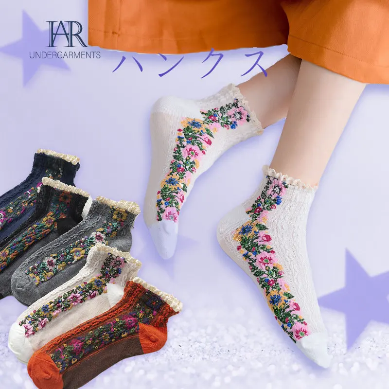 

Summer Spring Ethnic Style Rose Curly Lace Cotton Short Twist Pattern Cute Fresh Japanese Retro Floral Ankle Lolita Socks