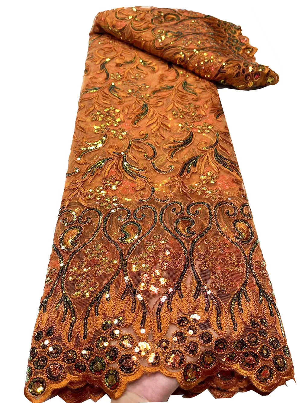 

Highest Quality 5 Yards Original Cording Embroidery Burnt Orange Mesh Soft Sequins African French Lace Tulle Fabric F3569