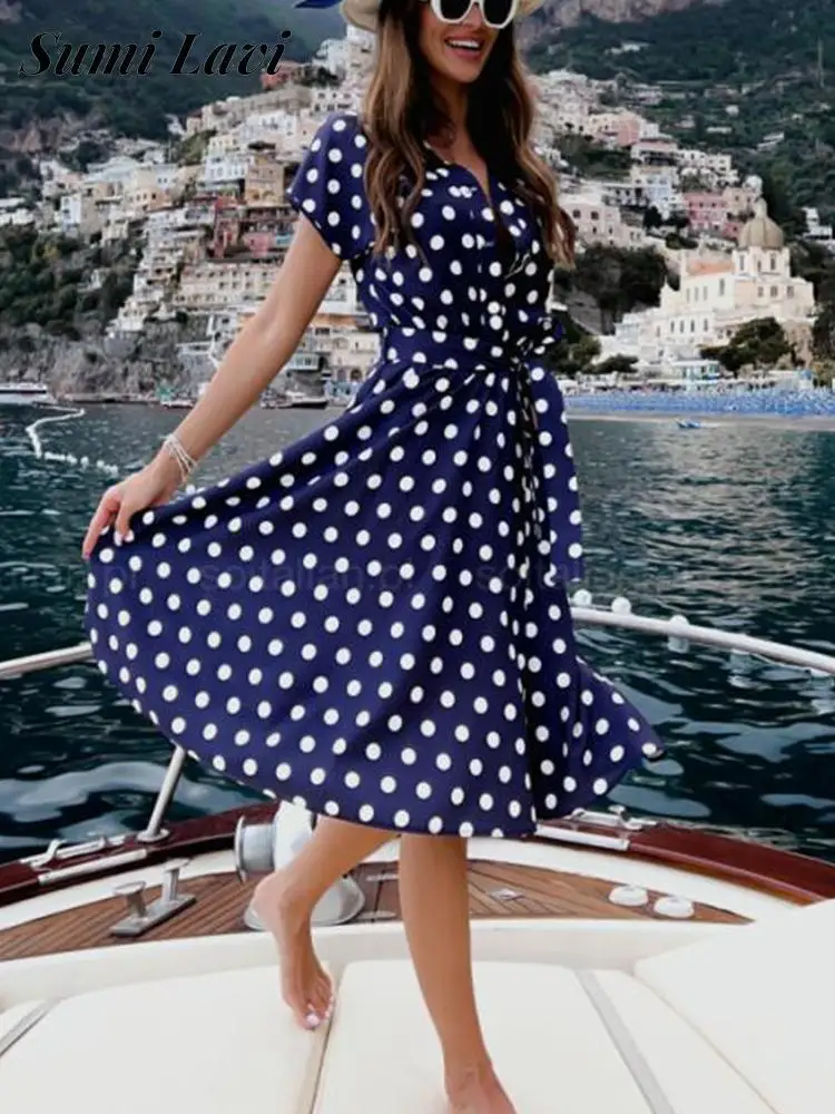 

2022 Fashion Polka Dot Print Midi Dress Summer V Neck Short Sleeve Bow Lace Up Dress Women Casual Button Waisted Big Hem Dresses