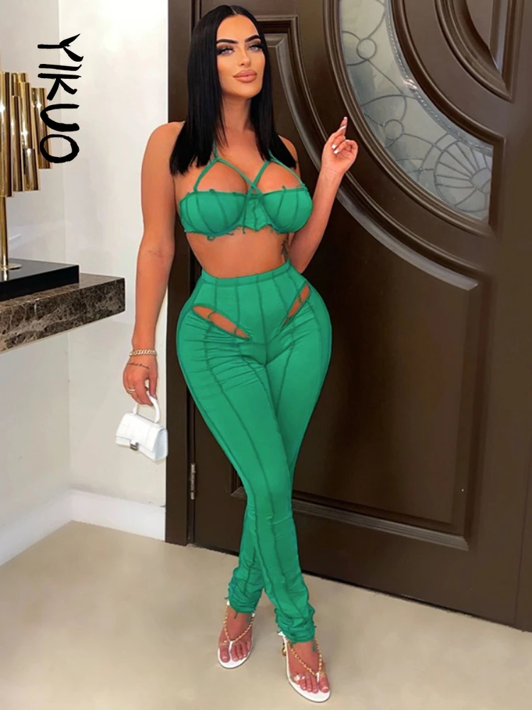 

YIKUO Folds Lines Two Piece Set Women Sexy Halter Lace Up Crop Tops+ Hollow Out High Waist Skinny Pants Female Streetwear Suits