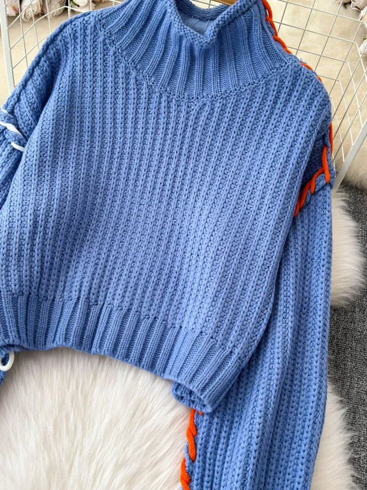 2024 женский осенне-зимний синий свитер шикарный стиль свободный вязаный