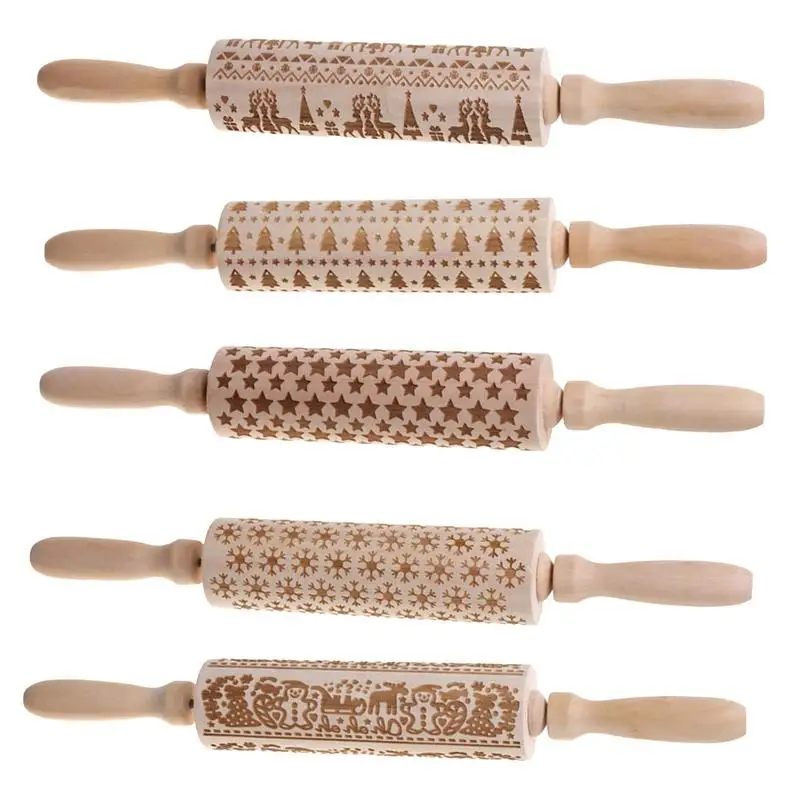 

Christmas Embossing Rolling Pins Baking Cookies Noodle Biscuit Fondant Cake Dough Engraved Roller Reindeer Snowflake Wood Tool