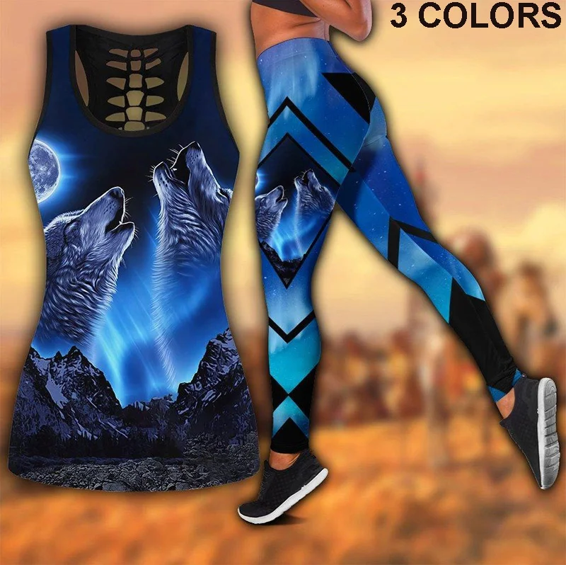 

Wolf Printed Halter Vest Hollow Tank Tops Yoga Leggings for women for Women Outfit Tops sports suit summer suit