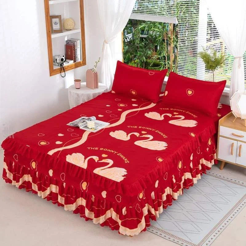 Bedspread Bedskirt Three-Piece Set M Fitted Bed Sheet 2.8 Korean sle .2 Simmons .5? Festive Rice Cover