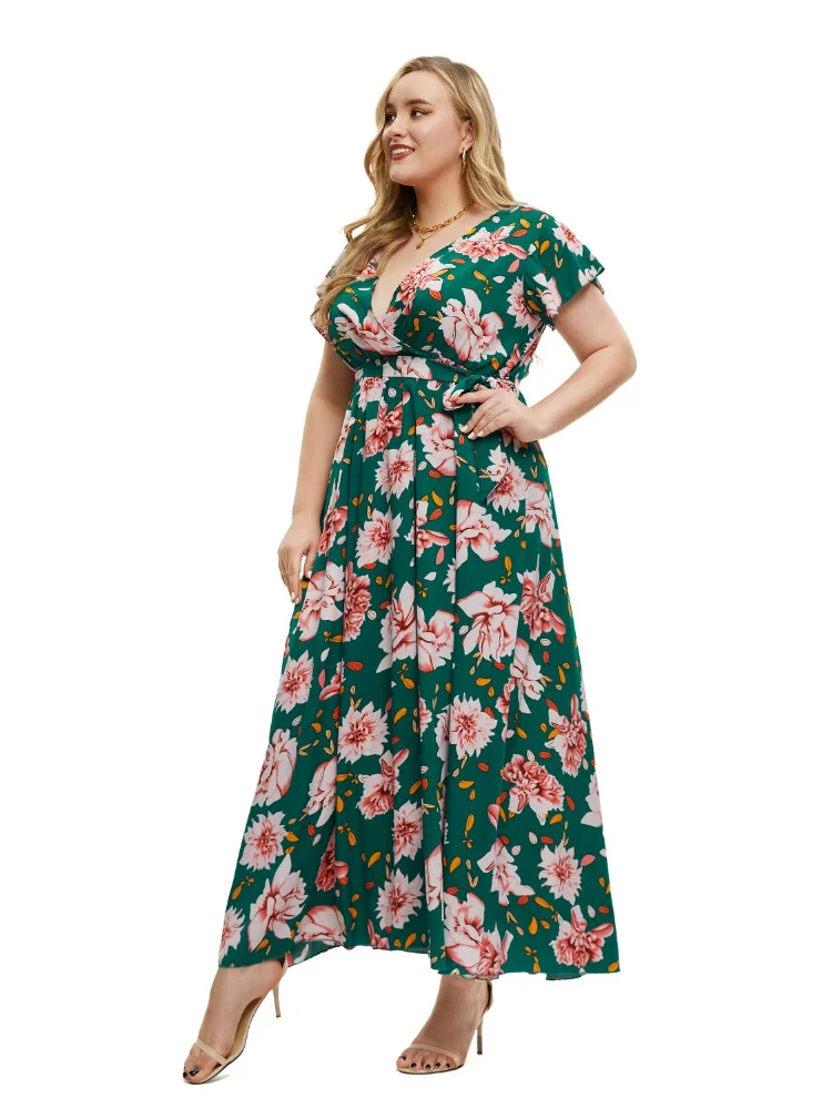 Large size women's summer new short sleeve print split dress plus size women clothing  evening dresses