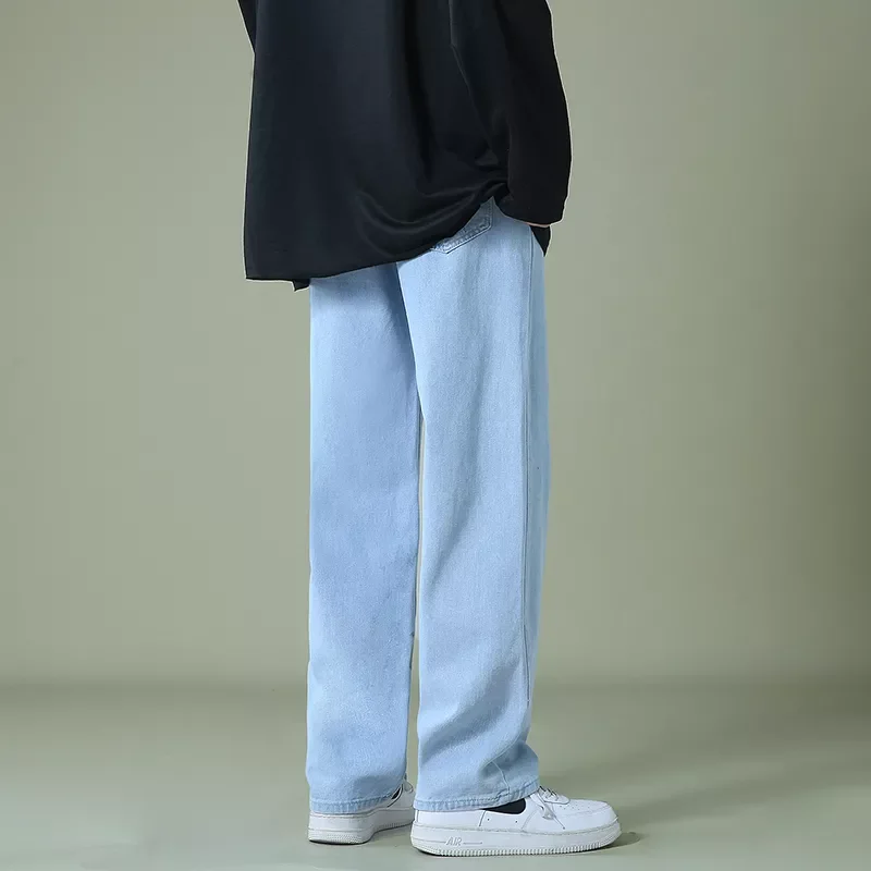 Autumn Men Denim Wide-leg Pants Korean Style Straight Light Blue Baggy Jeans Elastic Waist Student Trousers Male Black Gray