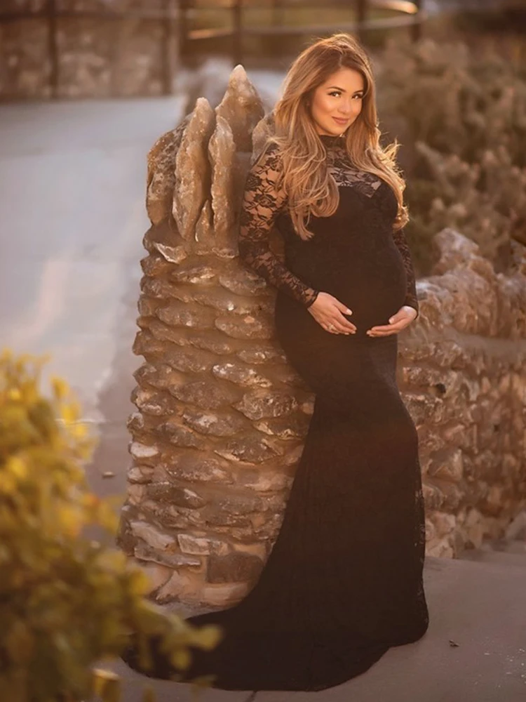 Lace Maternity Gown Photography Pregancy Photoshoot Dress Round Tail Pregnant Woman Highlight Belly Tight Clothes Long Sleeves enlarge