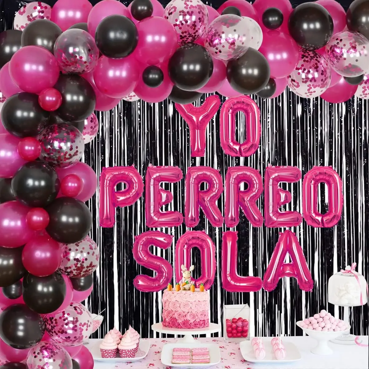 

Bad Bunny Party Decorations Yo Perro Sola Balloon Banner Hot Pink Black Bachelorette Party Balloon Garland Arch Kit with Curtain