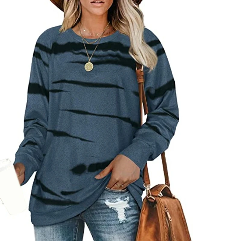 

Womens Autumn Long Sleeve Crew Neck Sweatshirt Irregular Zebra Striped Printed Tunic Tops Harajuku Casual Loose Pullover