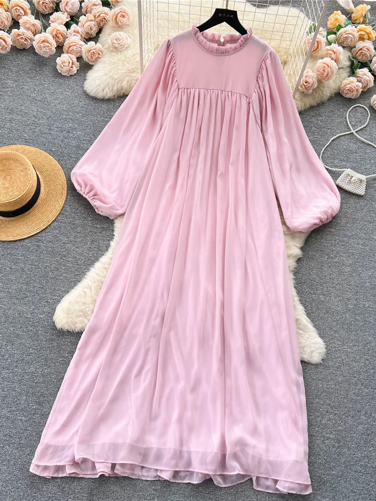 

Spring Autumn Blue/Pink/Black/White Loose Long Dress Vintage Ruffle O-Neck Puff Sleeve Vacation Beach Maxi Vestidos Female New