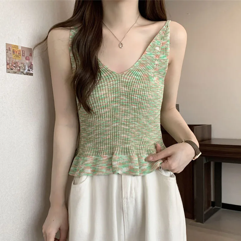 

Women V-Neck Knitted Ribbed Tank Top 2023 Summer Thin Elastic Undershirt Fashion Sexy Camisole Female Casual Sleeveless Vests