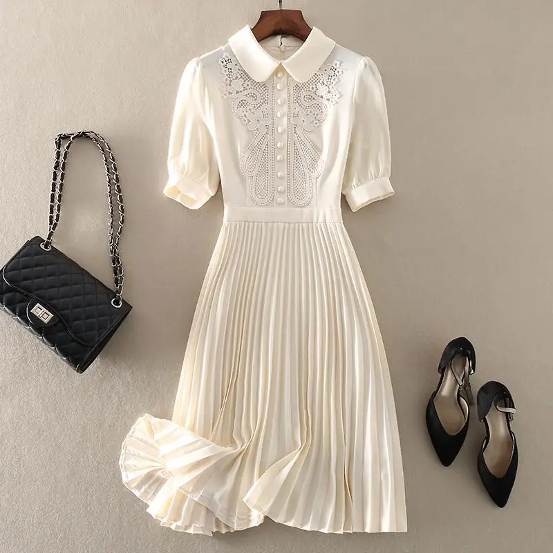 

Pleasted Chiffon Dress 2022 Summer Embroidery Hollow Out Lace Short Sleeve Collar Mini Short Dresses Temperament