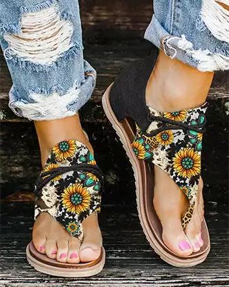 

Women Flat Sandals Sunflower Turquoise Cow Flat Thong Sandals Print Summer Shoes Beach Leather Retro Gladiator Flip Flops Slippe