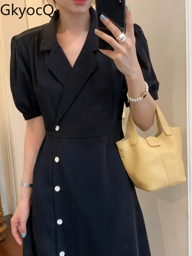 

New Summer Simple Temperament Suit Collar Single Breasted Black High Waist Short Bubble Sleeve Long Dress Women Streetwear 2022