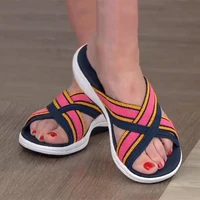summer women sandals outdoor beach shoes flip flops mesh open toe stripe platform wedges slipper 2021 comfortable soft loafers