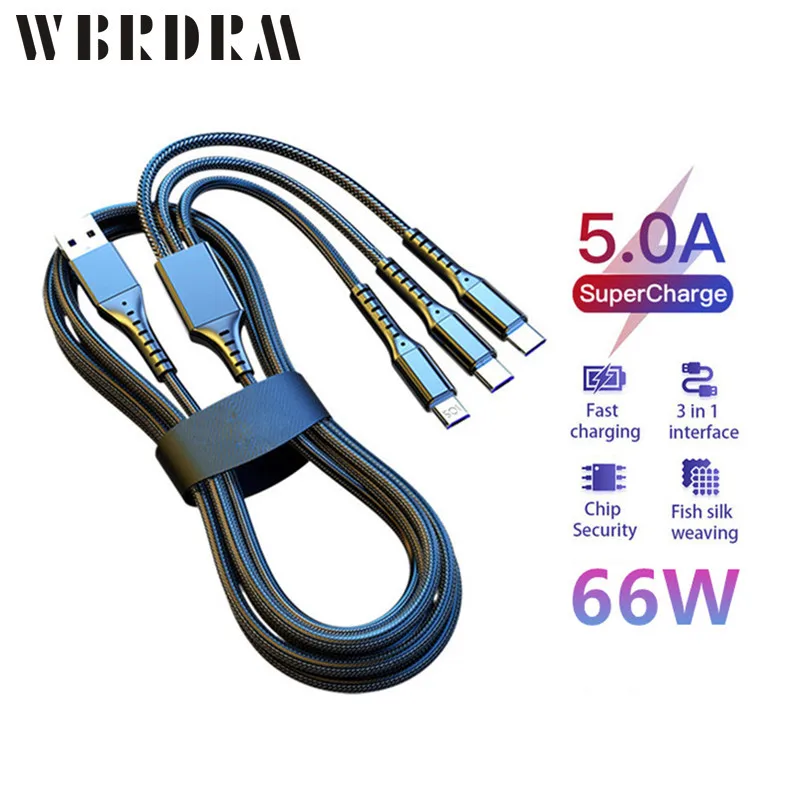 3 в 1, кабель для быстрой зарядки, 66 Вт, 5 А, USB Type-C Micro