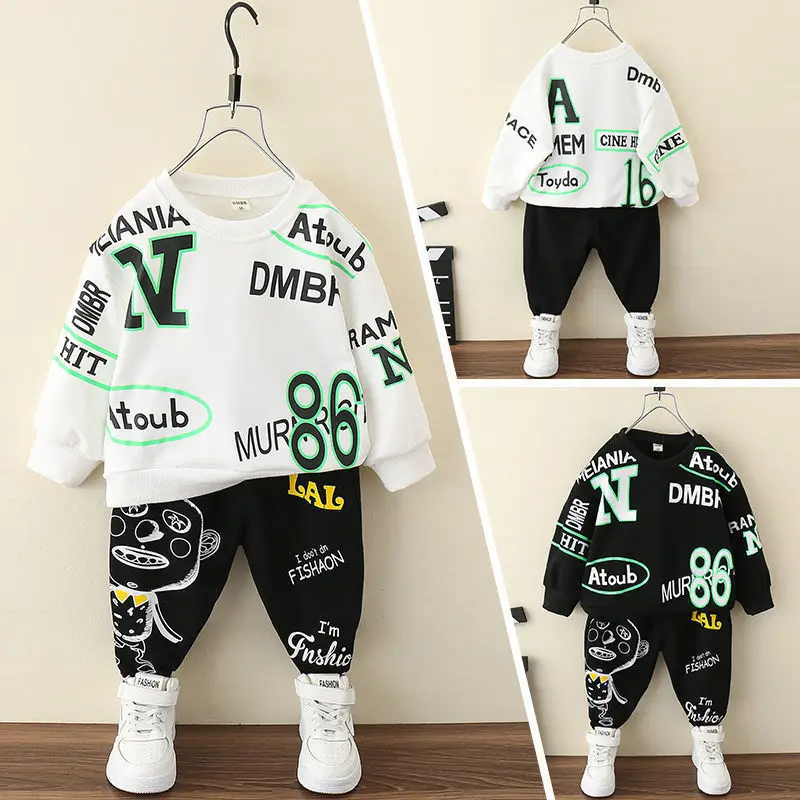 

Baby Boys Letter Printed Sweater Trousers Set Autumn Children Hooded Outerwear Tops Pants 2PCS Outfits Kids Teenage Costume Suit