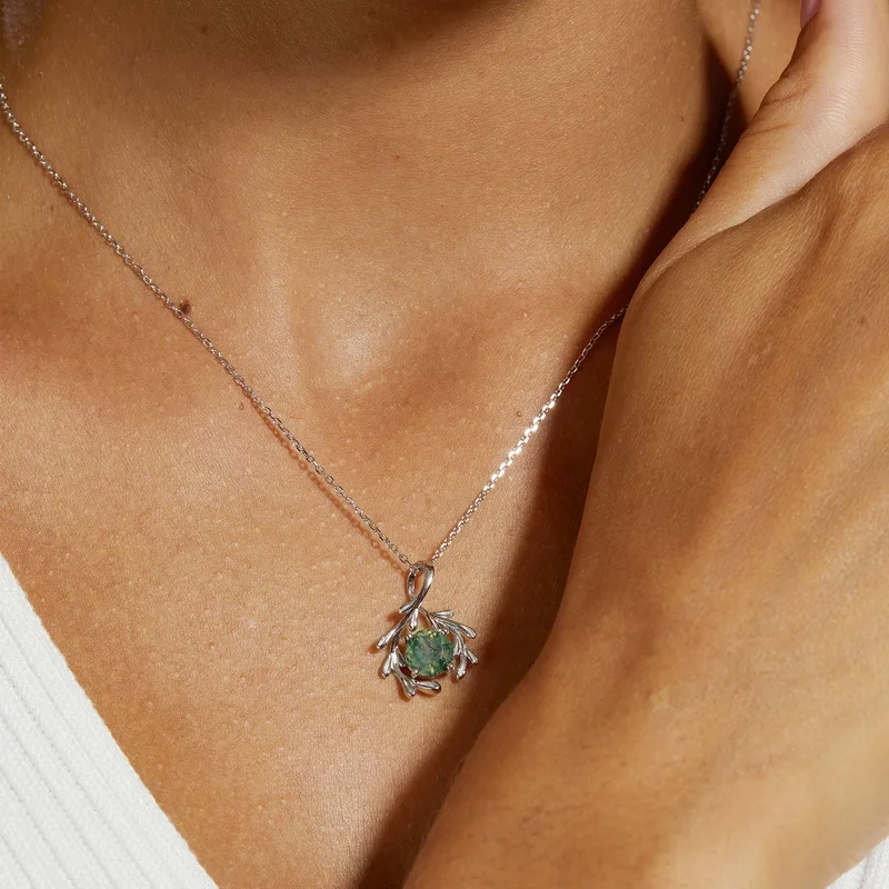 Ожерелье из стерлингового серебра 925 пробы с натуральным моховым агатом 7*7 мм для