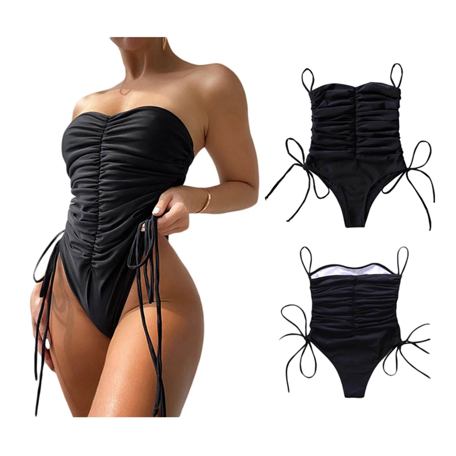 

Women's Bodysuit Swimsuit Solid Color Sleeveless Off Shoulder Drawstring Pleated Bodysuit