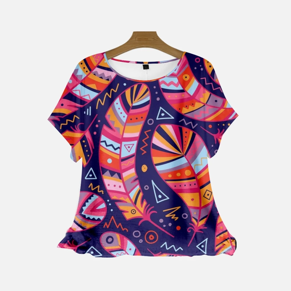 

Женская шифоновая футболка с коротким рукавом, круглым вырезом и принтом перьев