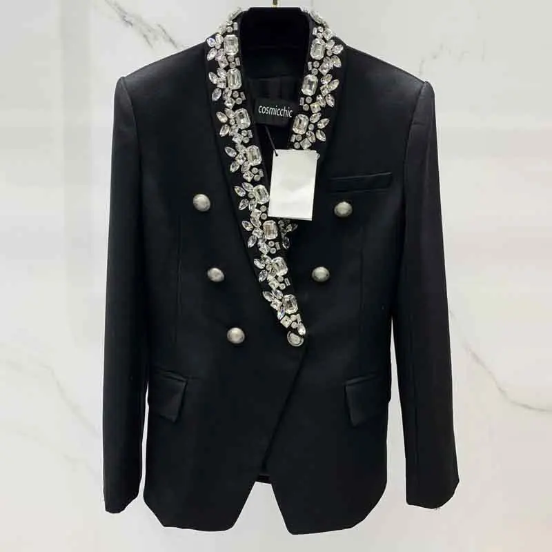 

22Early Autumn Suit Collar Black Wool Blazer Fashion Office Double Row Metal Buckle Jacket Elegant Women Long Sleeve Waist Coat