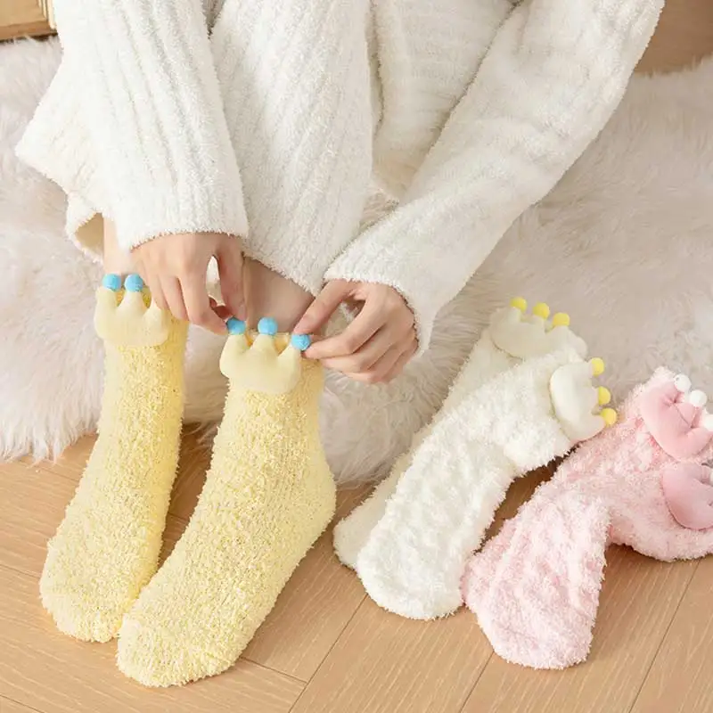 Женские Бархатные Носки Кораллового Цвета Толстые Теплые Противоскользящие