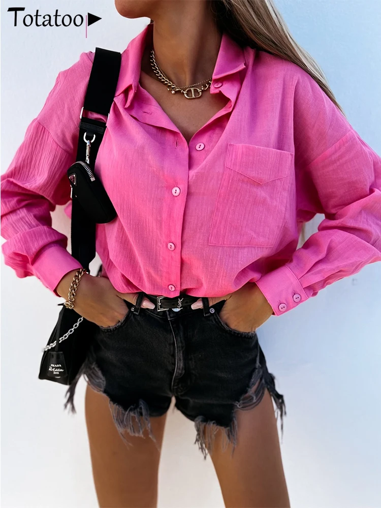 

Totatoop Basic White Shirts Oversize For Women 2022 Summer Long Sleeve Pocket Loose Blouse Tops Streetwear Casual Tops