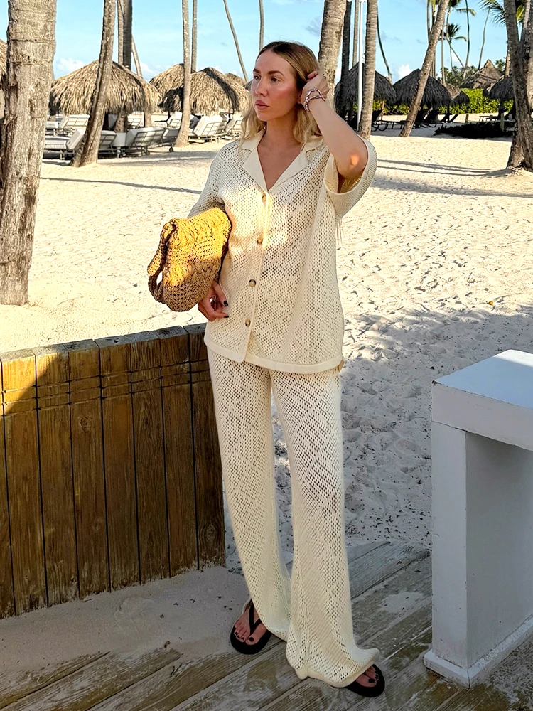 Женский повседневный вязаный свободный топ с короткими рукавами и лацканами