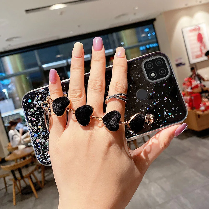 luxury love heart plush bracelet phone case for realme c21 6 7 7i 8 8i pro c11 c15 c25 xt x50 x7pro wrist chain silicon cover free global shipping