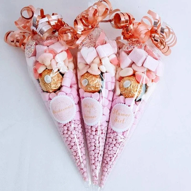

50pcs Candy Bag Wedding Birthday Party Favors Cellophane Candy Cone Storage Bag Girl 1st Birthday Decorations Organza Pouches
