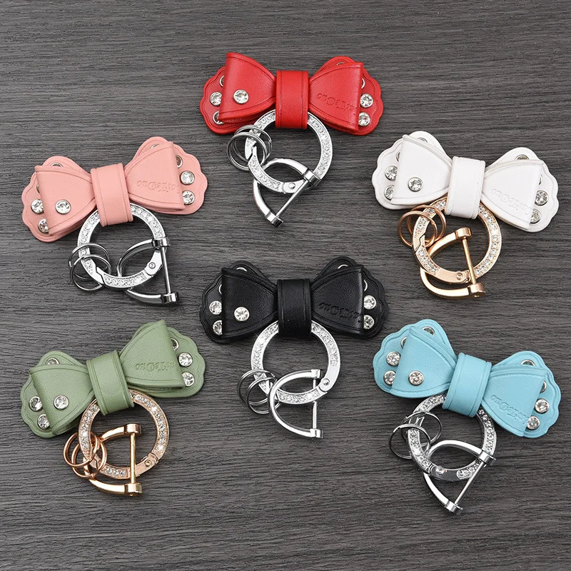 Cute Women Leather Bow Keychain Luxury Design Bowknot Pendant Fashion Crystal Key Ring Bag Car Styling Accessory Girlfriend Gift