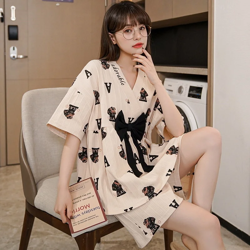 2022 New Style Pajamas Women's Kimono Short Sleeved Shorts Summer Pure Cotton Simple Sweet Lovely Home Clothes